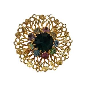 Vintage Teal Glass Filigree Brooch with Multi Colored Crystals